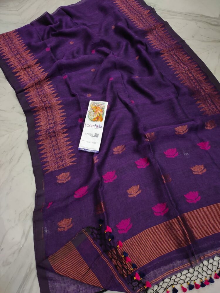 Enchanting Purple Black Blend Handwoven Linen Saree With Lotus Design Pallu