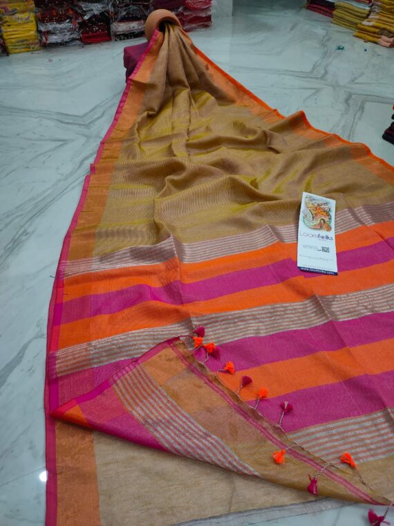 Golden Brown Handwoven Tissue Linen Saree With Contrast Border