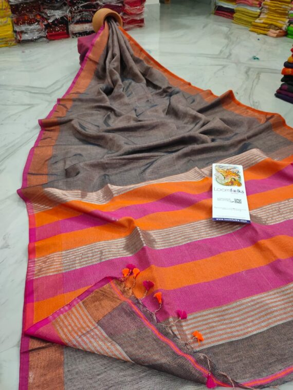 Grey Handwoven Tissue Linen Saree With Contrast Border