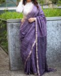 Intense Purple Black Check Design Handwoven Linen Saree With Thin Zari Border1