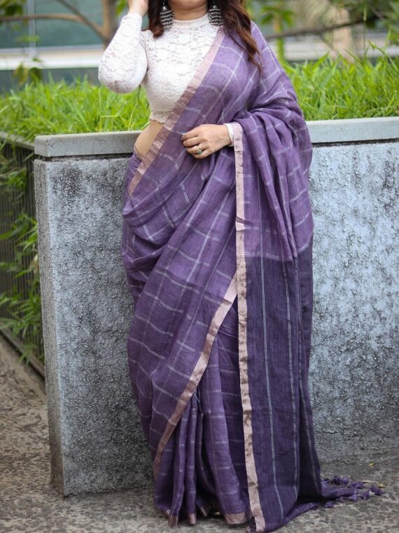 Intense Purple Black Check Design Handwoven Linen Saree With Thin Zari Border1