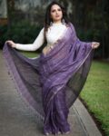 Intense Purple Black Check Design Handwoven Linen Saree With Thin Zari Border3