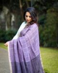 Intense Purple Black Check Design Handwoven Linen Saree With Thin Zari Border5