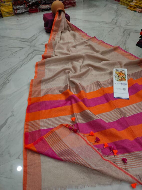 Light Beige Handwoven Tissue Linen Saree With Contrast Border