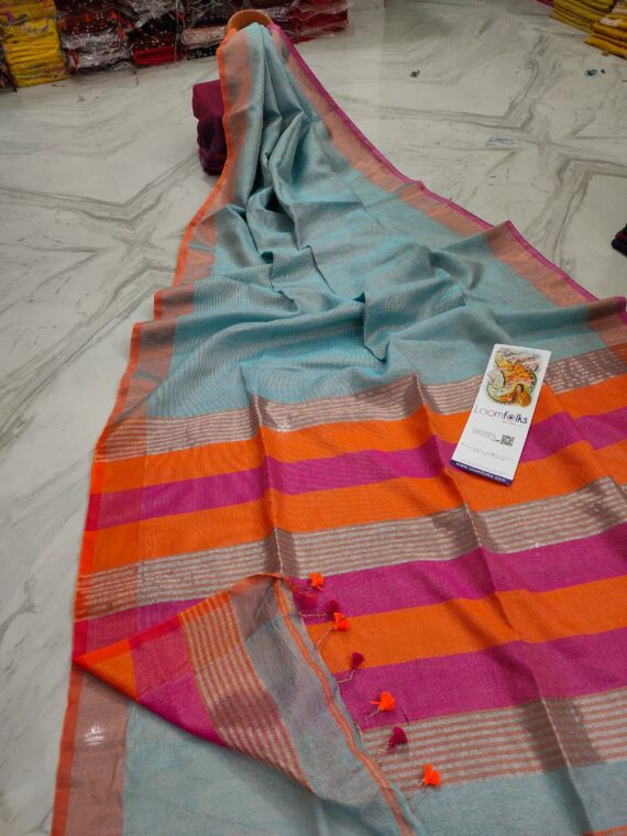 Light Blue Handwoven Tissue Linen Saree With Contrast Border