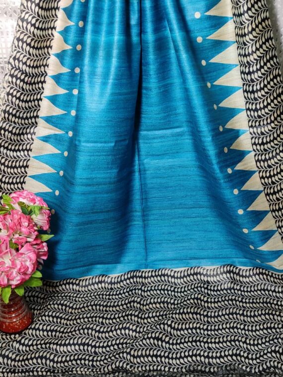 Lovely Blue Black Fusion Temple Leaf Design Pure Tussar Giccha Printed Dupatta