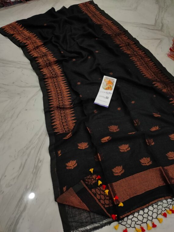 Mesmerizing Black Copper Handwoven Linen Saree With Lotus Design Pallu