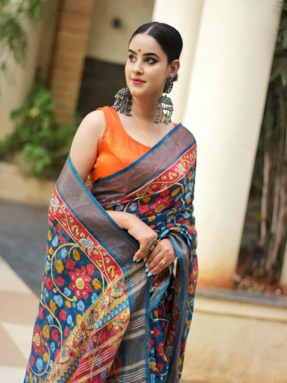 Mesmerizing Blue Floral Design Digital Print Linen Saree