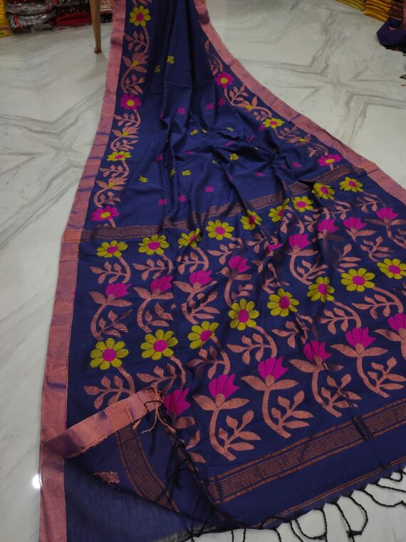 Mighty Dark Blue Floral Design Handwoven Pure Cotton Saree