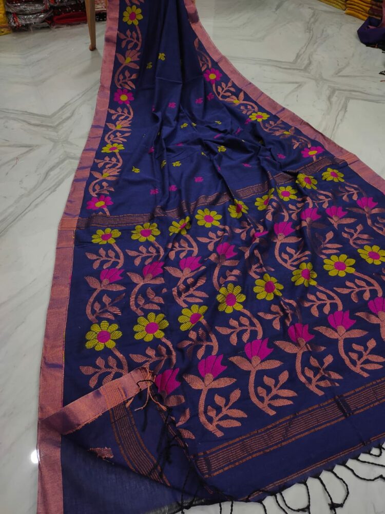 Mighty Dark Blue Floral Design Handwoven Pure Cotton Saree
