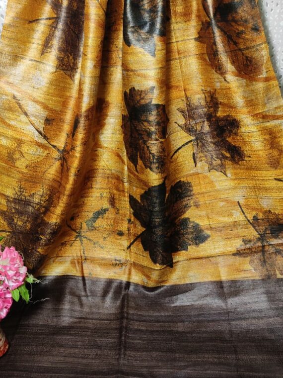 Mustard Yellow Brown Maple Design Pure Tussar Giccha Printed Dupatta