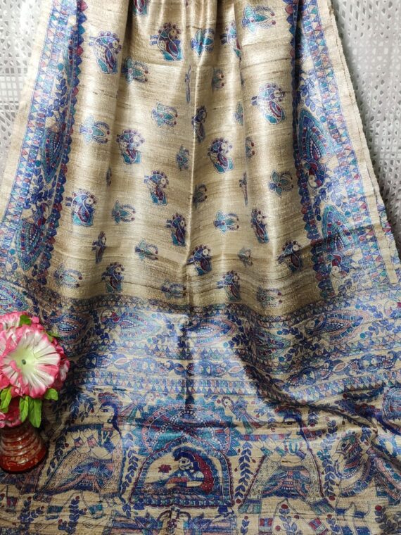 Notable Natural OffWhite Blue Blend Pure Tussar Giccha Madhubani Printed Dupatta