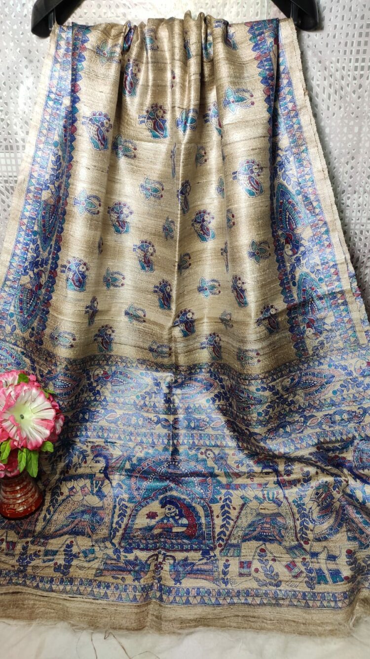 Notable Natural OffWhite Blue Blend Pure Tussar Giccha Madhubani Printed Dupatta