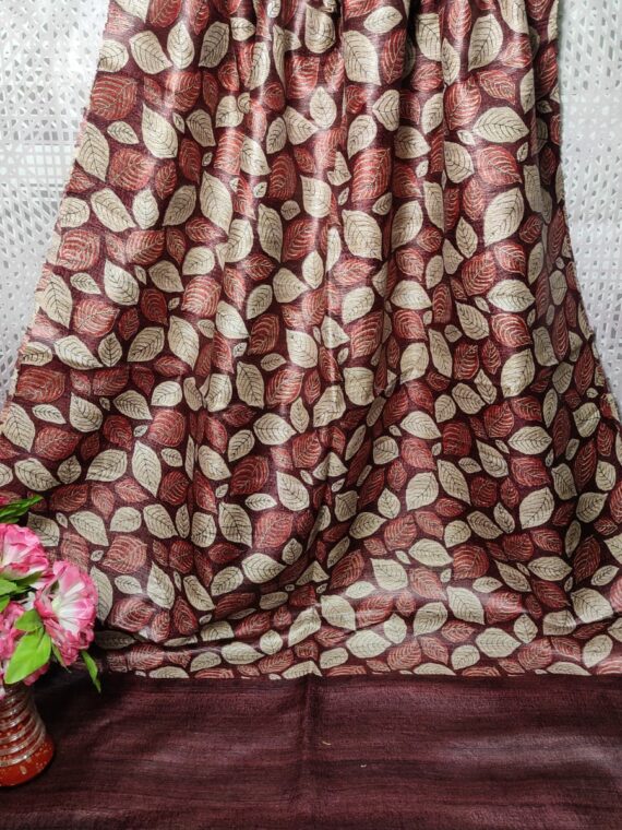 Offwhite Maroon Leaf Design Pure Tussar Giccha Printed Dupatta