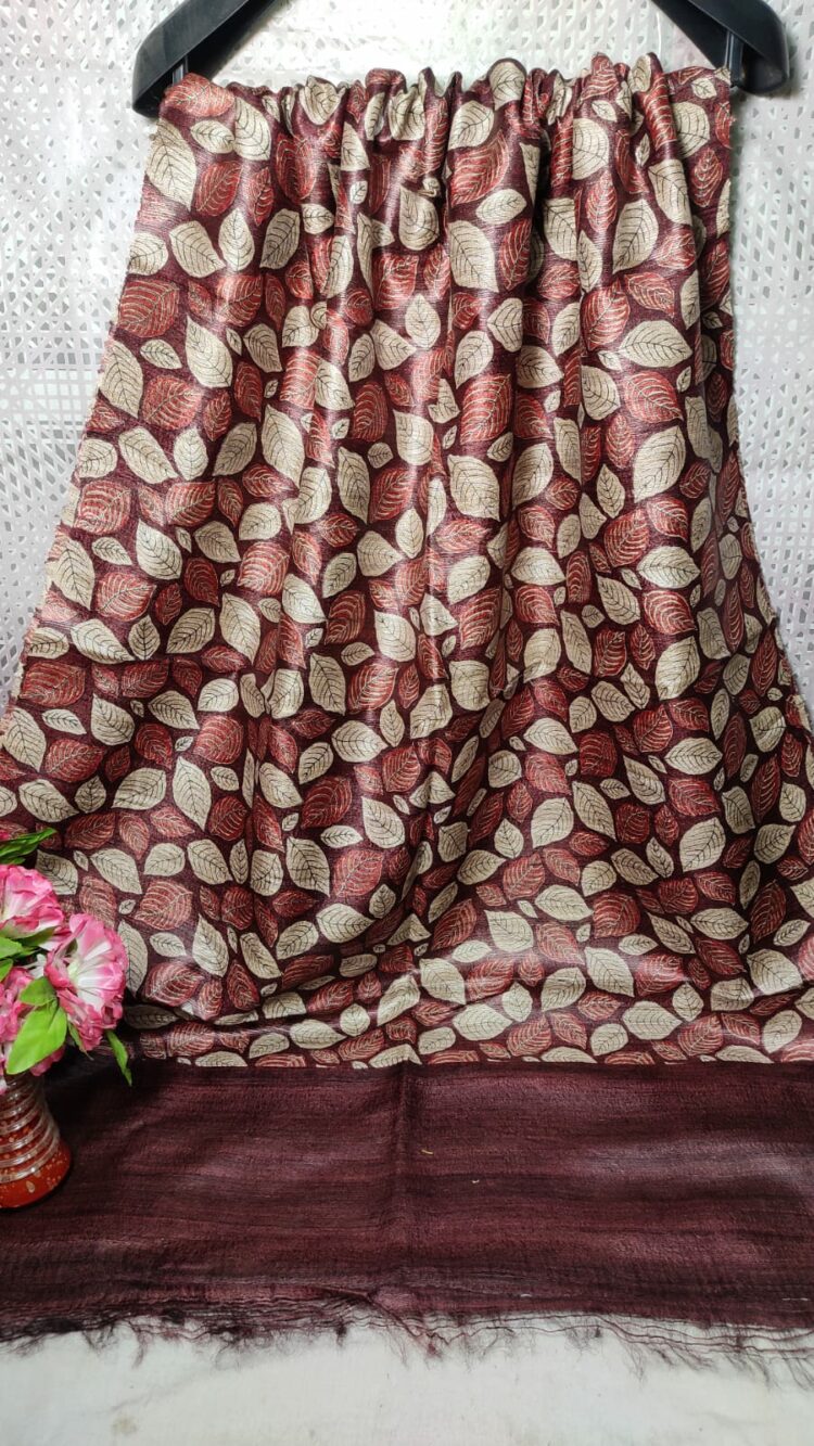 Offwhite Maroon Leaf Design Pure Tussar Giccha Printed Dupatta