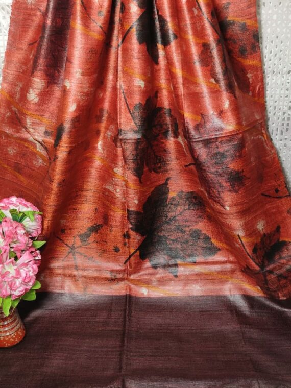 Orange Brown Maple Design Pure Tussar Giccha Printed Dupatta