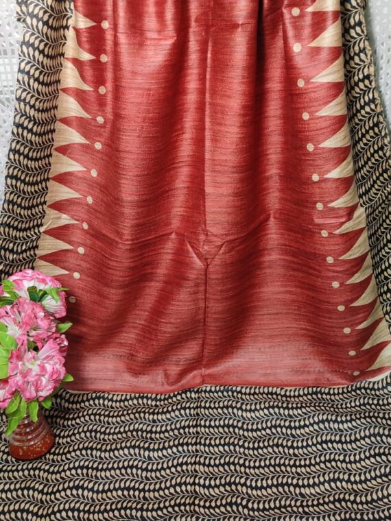 Pretty Red Black Fusion Temple Leaf Design Pure Tussar Giccha Printed Dupatta