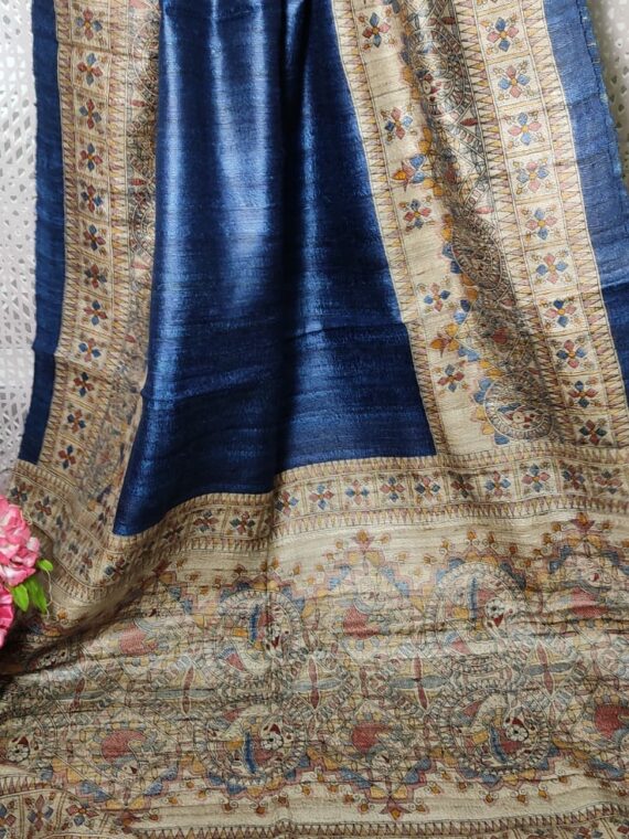 Radiant Rich Blue Pure Tussar Giccha Madhubani Printed Dupatta