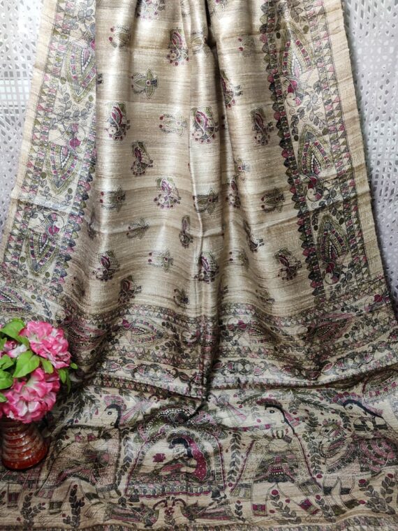 Remarkable Natural OffWhite Pure Tussar Giccha Madhubani Printed Dupatta