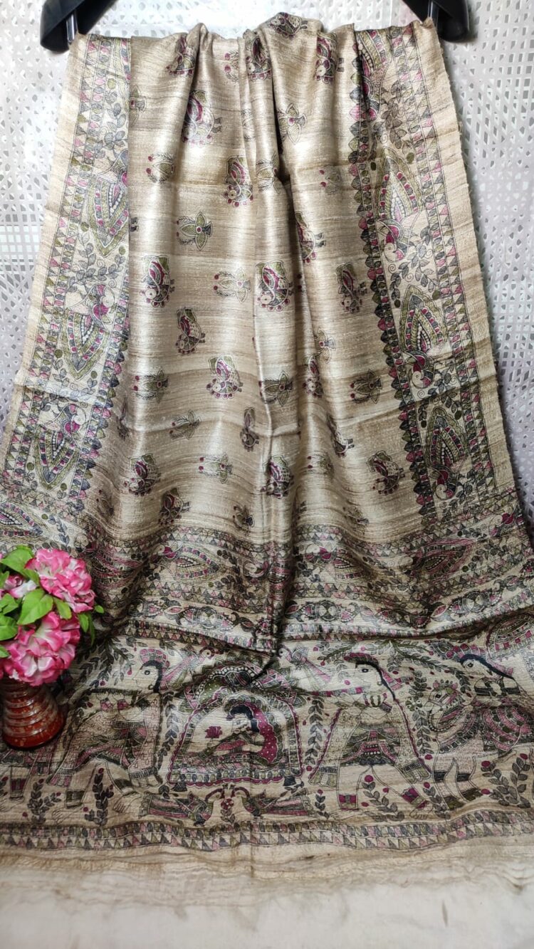 Remarkable Natural OffWhite Pure Tussar Giccha Madhubani Printed Dupatta