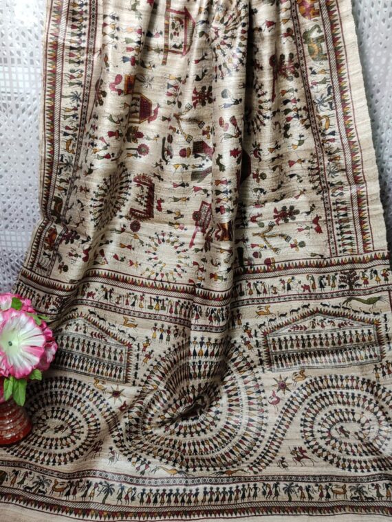 Rhythmic Pattern Natural OffWhite Pure Tussar Giccha Warli Printed Dupatta