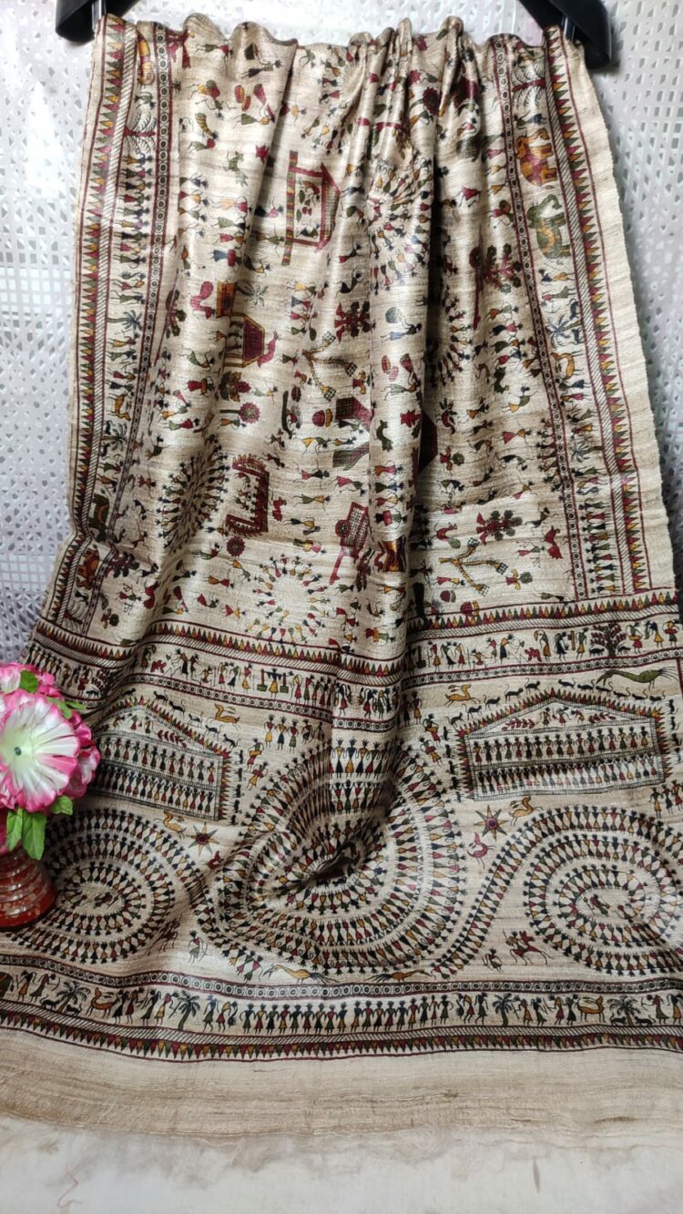 Rhythmic Pattern Natural OffWhite Pure Tussar Giccha Warli Printed Dupatta