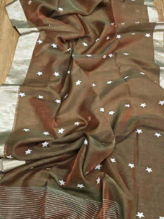 Rich Striking Dark Brown Dual Tone Star Design Handwoven Silk Linen Saree With Zari Border