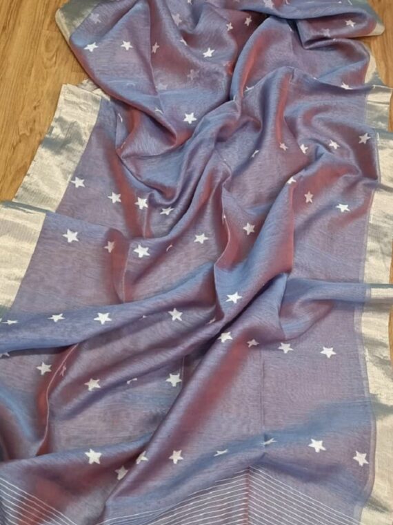 Sparkling Mauve Purple Dual Tone Star Design Handwoven Silk Linen Saree With Zari Border
