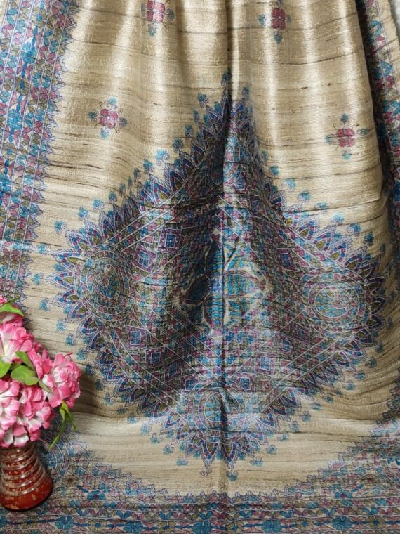 Splendid OffWhite Blue Fusion Pure Tussar Giccha Madhubani Printed Dupatta