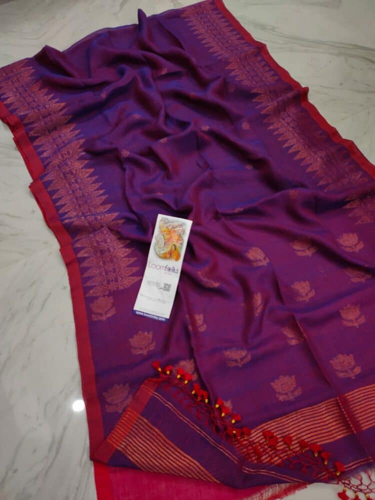 Stunning Purple Red Blend Handwoven Linen Saree With Lotus Design Pallu