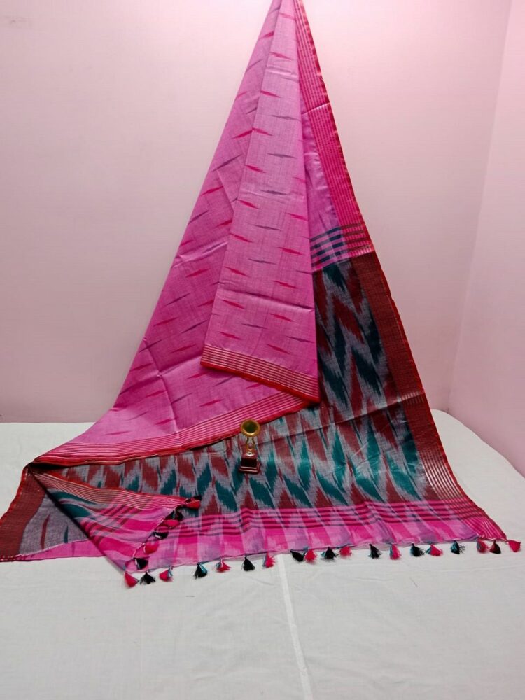 Adorable Bright Pink Grey Blend Ikkat Weave Pure Cotton Saree