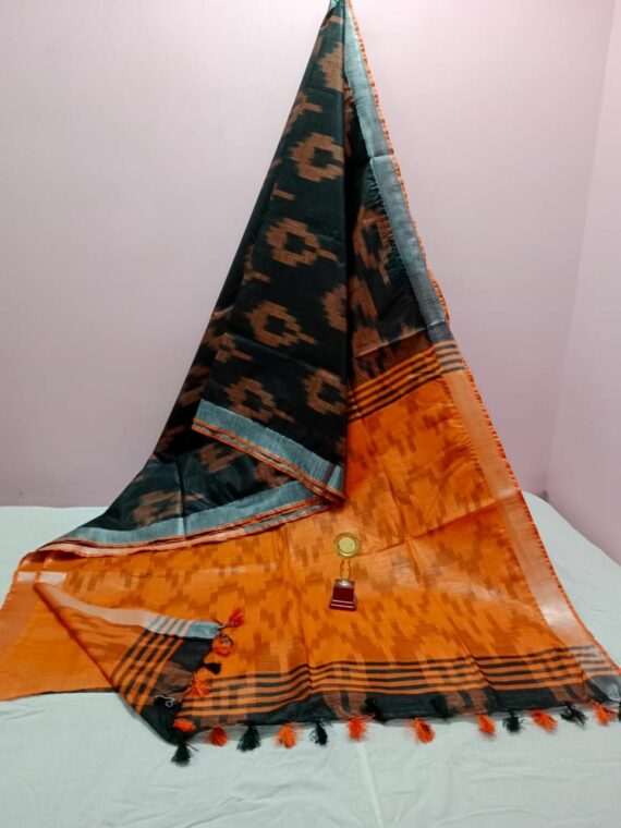 Charming Black Orange Blend Ikkat Weave Pure Cotton Saree