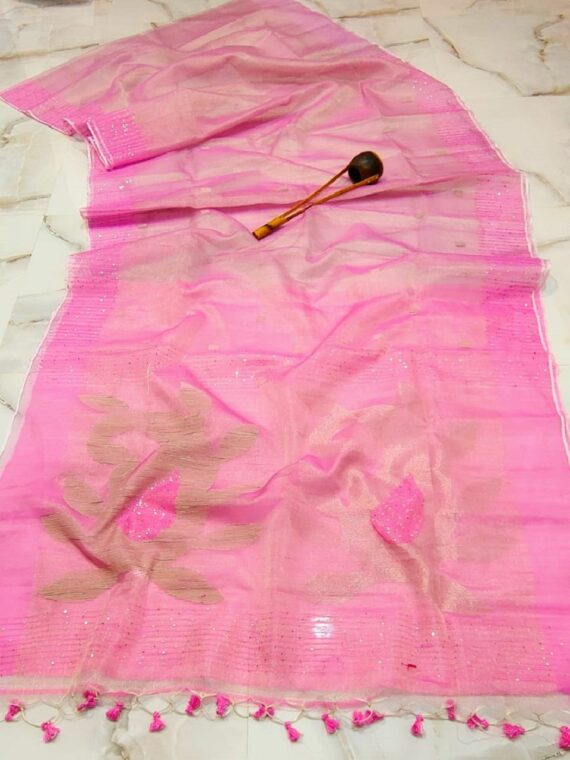 Compassionate Pink Tissue Muslin Resham Luminous Handwoven Saree