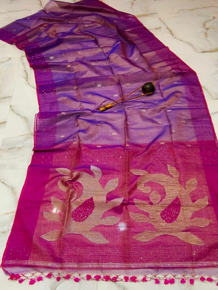 Creative Purple Pink Blend Tissue Muslin Resham Luminous Handwoven Saree