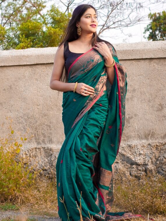 Delightful Teal Green Cotton Banarasi Design Handwoven Saree4