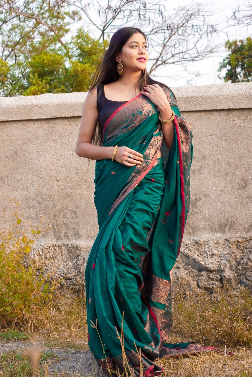 Delightful Teal Green Cotton Banarasi Design Handwoven Saree - Loomfolks