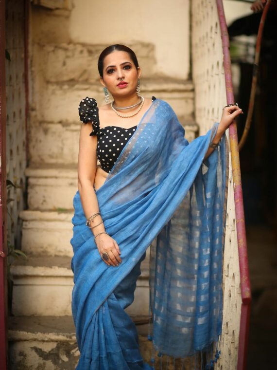 Divine Light Carolina Blue Handwoven Linen Saree With Small Butti Design2