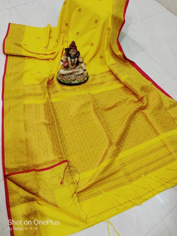 Luminous Bright Yellow Cotton Banarasi Design Handwoven Saree