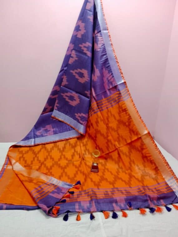 Luminous Purple Orange Blend Ikkat Weave Pure Cotton Saree