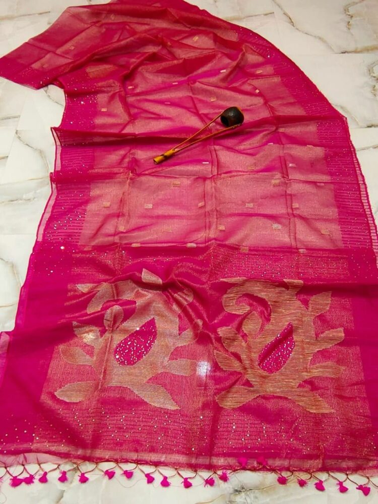 Lustrous Dark Pink Tissue Muslin Resham Luminous Handwoven Saree