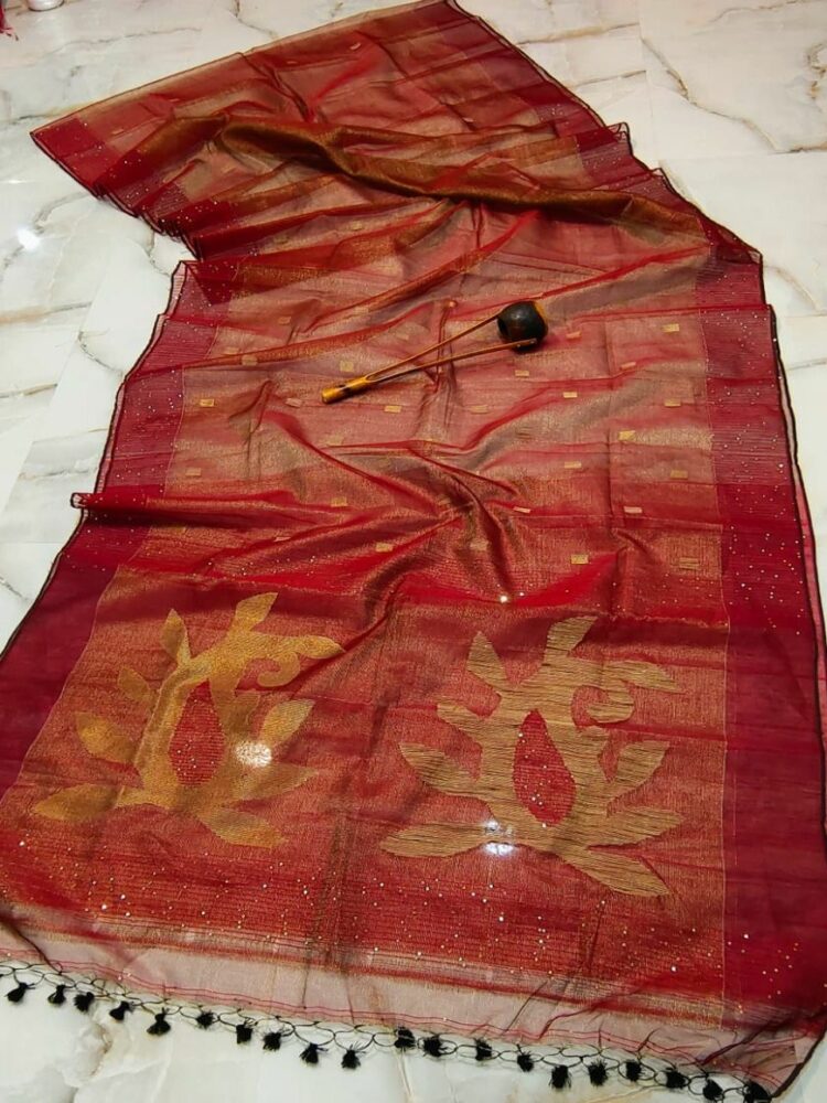 Passionate Maroon Tissue Muslin Resham Luminous Handwoven Saree