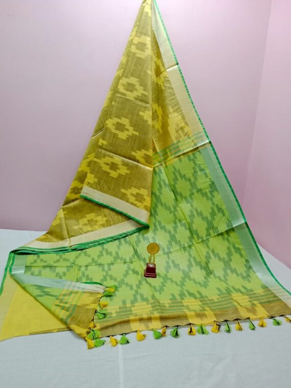 Peaceful Yellow Light Green Blend Ikkat Weave Pure Cotton Saree