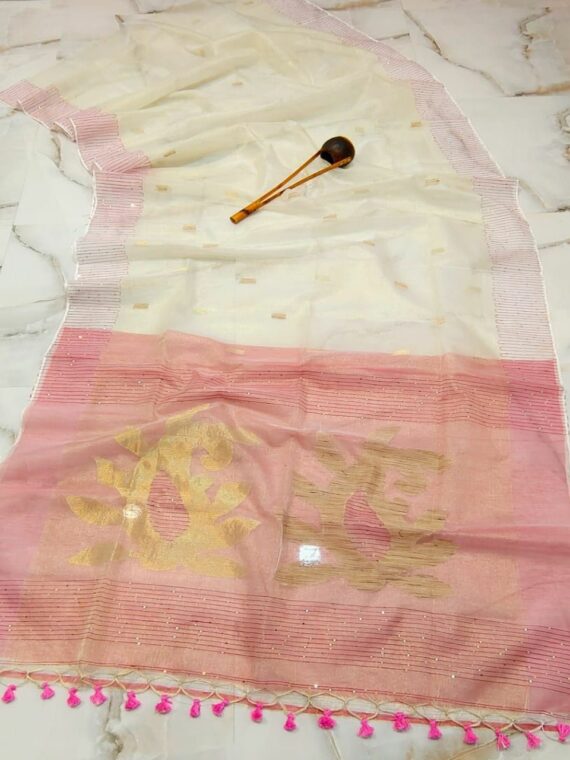 Romantic Pink White Blend Tissue Muslin Resham Luminous Handwoven Saree