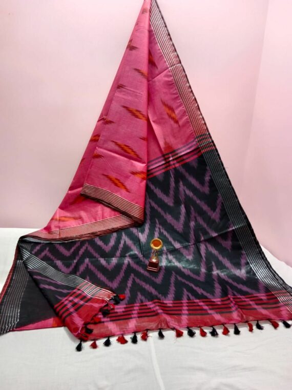 Rose Pink Black Blend Ikkat Weave Pure Cotton Saree