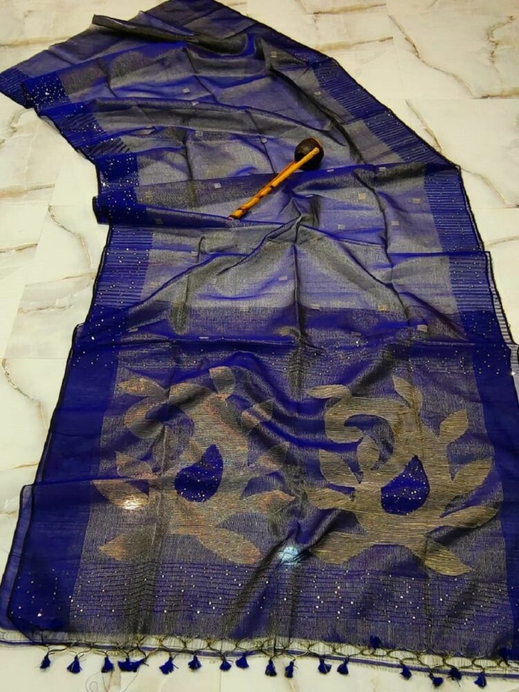 Royal Rich Blue Tissue Muslin Resham Luminous Handwoven Saree