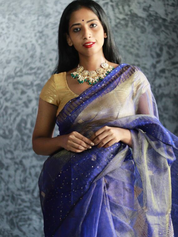 Royal Rich Blue Tissue Muslin Resham Luminous Handwoven Saree2