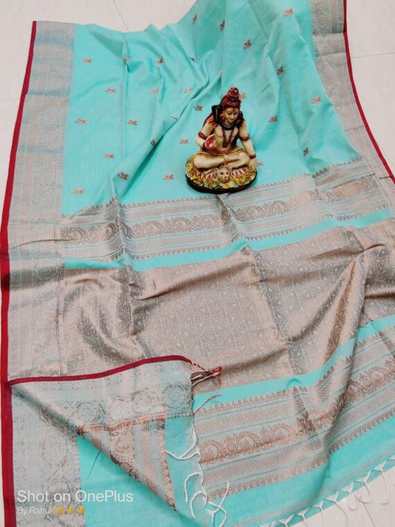 Soulful Seagreen Cotton Banarasi Design Handwoven Saree