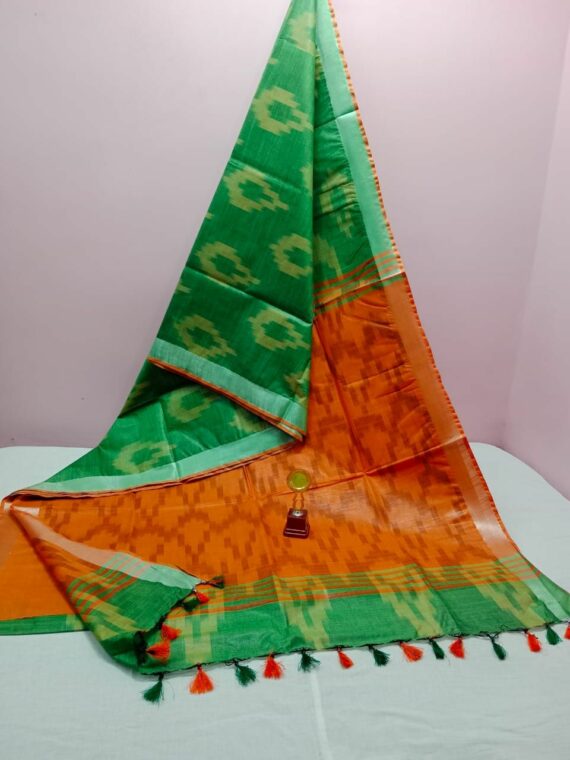 Striking Green Orange Blend Ikkat Weave Pure Cotton Saree