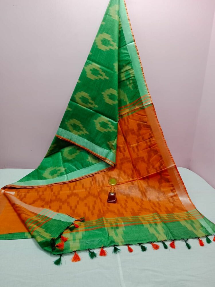 Striking Green Orange Blend Ikkat Weave Pure Cotton Saree