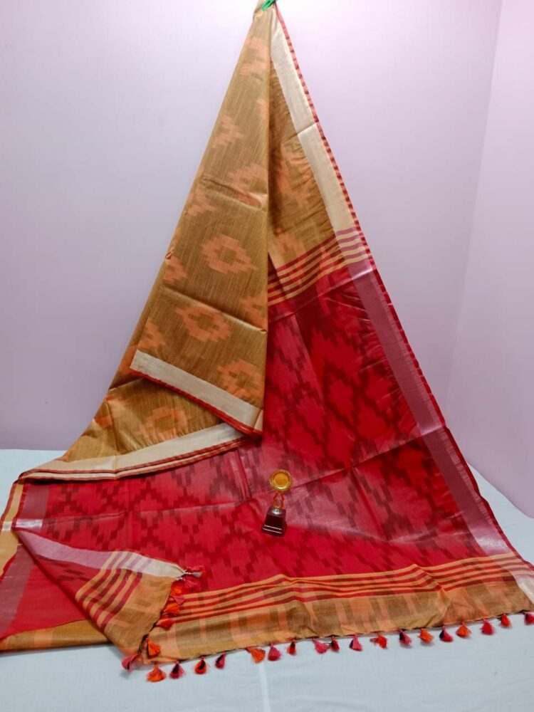 Unique Mustard Yellow Red Blend Ikkat Weave Pure Cotton Saree